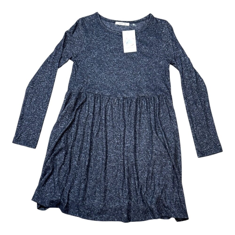 Byron Bay Small Long Sleeve Heathered Navy Blue Dress High-Low Hem Elastic Waist